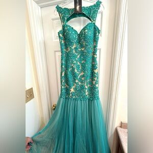 Sherri Hill Teal Embroidered Gown